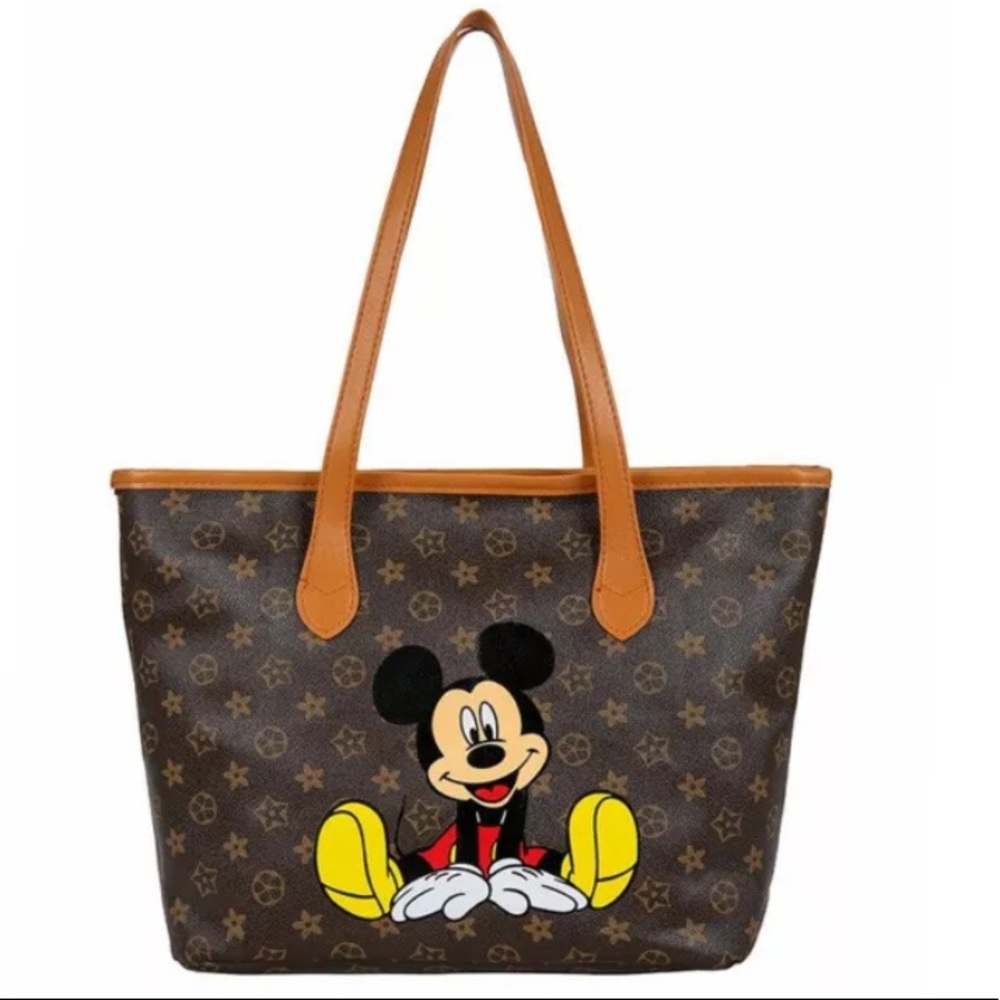 New Large Mickey Mouse Tote Bag Shopper brown flower faux leather with wristlet